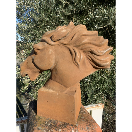 Tête en fonte, crinière au vent.